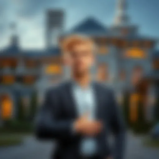 A young man standing confidently in front of luxury real estate, symbolizing wealth and success.