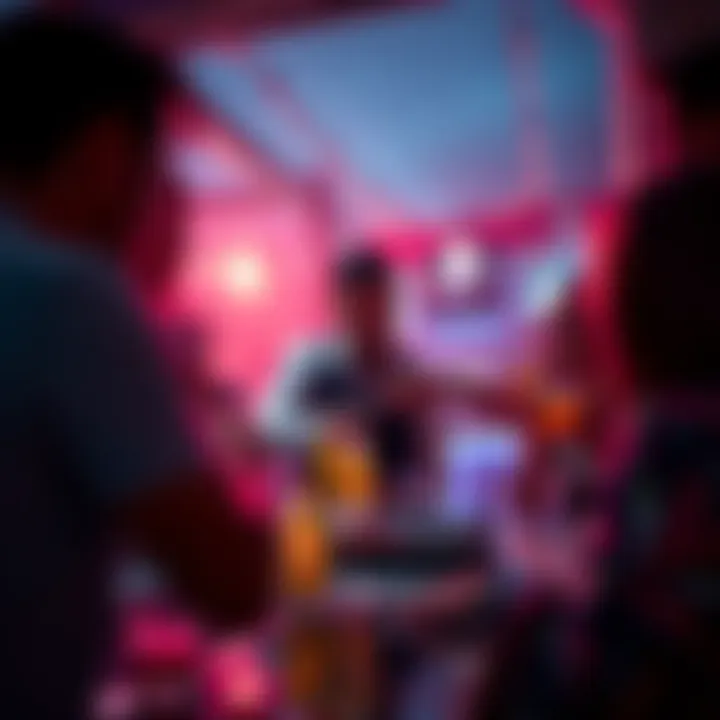A lively scene of a bartender mixing drinks at the Beach Café Festival, surrounded by guests enjoying their cocktails.