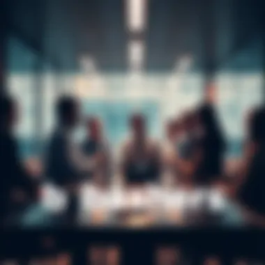 A group of people discussing bCashers and cryptocurrency trading in a modern office setting.