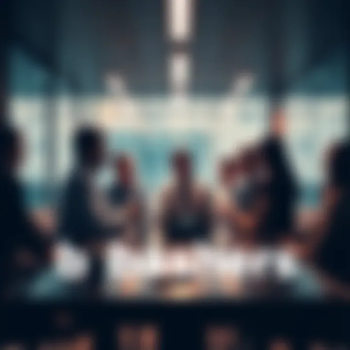 A group of people discussing bCashers and cryptocurrency trading in a modern office setting.