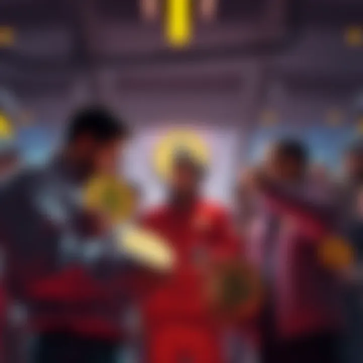 bCashers holding BCH coins A group of bCashers standing together, holding BCH coins while discussing market trends and investment strategies during a downturn.