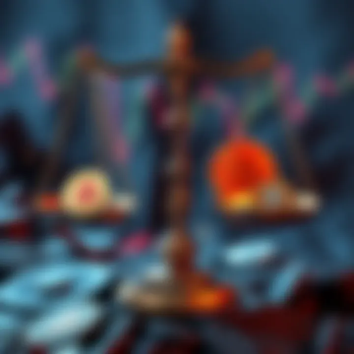 Visual metaphor for blockchain challenges, depicting a balance scale with coins representing miner subsidies on one side and transaction fees on the other.