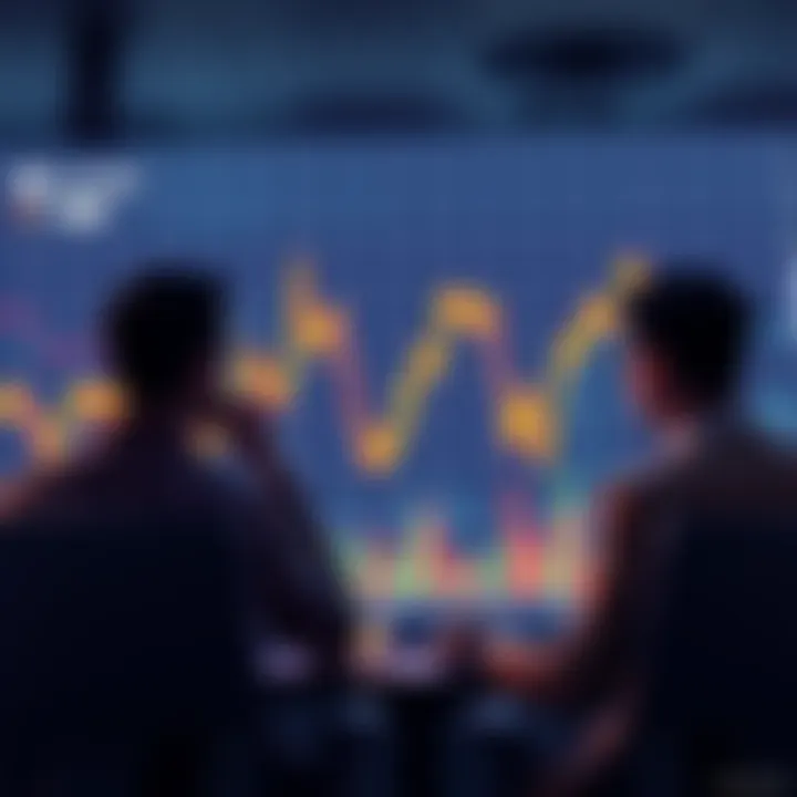 A chart illustrating falling altcoin values in a bearish market, with a downward trend and stressed investors looking at their screens.