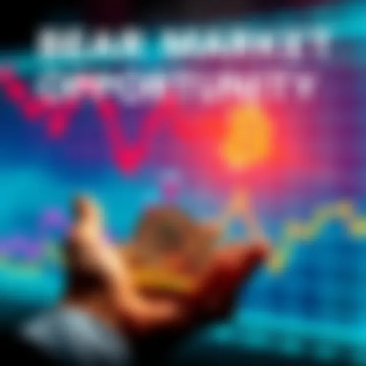 Graph showing a downward trend in Bitcoin prices with a hand holding satoshis coins, symbolizing investment opportunities.