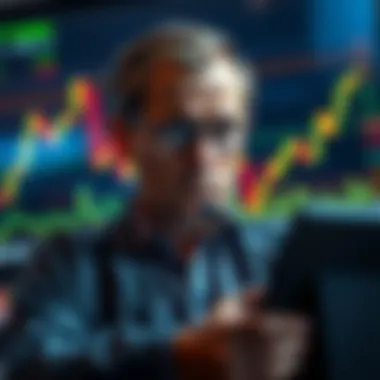 Bear Market Reflection An investor looking concerned while studying stock charts and market data, symbolizing a bear market. The background shows a downward trend graph, highlighting market sentiment issues.