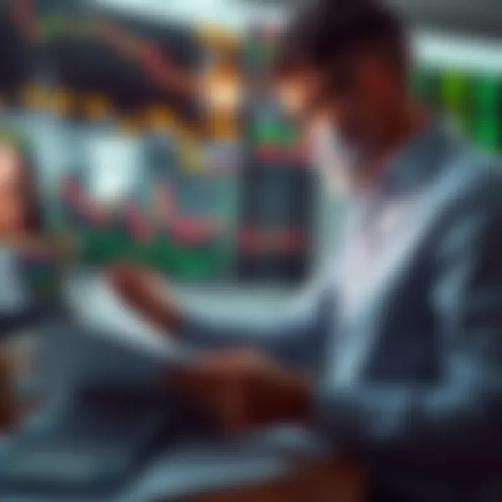 An investor examining stock charts with a focus on buying opportunities during a bear market, surrounded by financial news articles and a calculator.