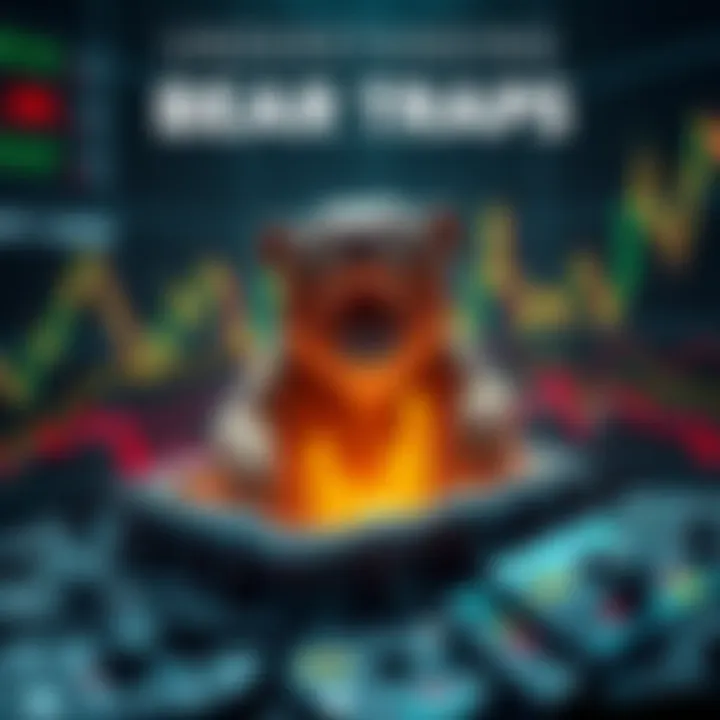 A graphic showing a bear trap with stock charts rising and falling, representing market fluctuations and investor reactions.