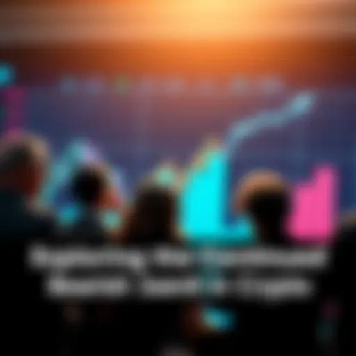 A downward trend chart showing cryptocurrency values declining, with worried people discussing predictions in the background