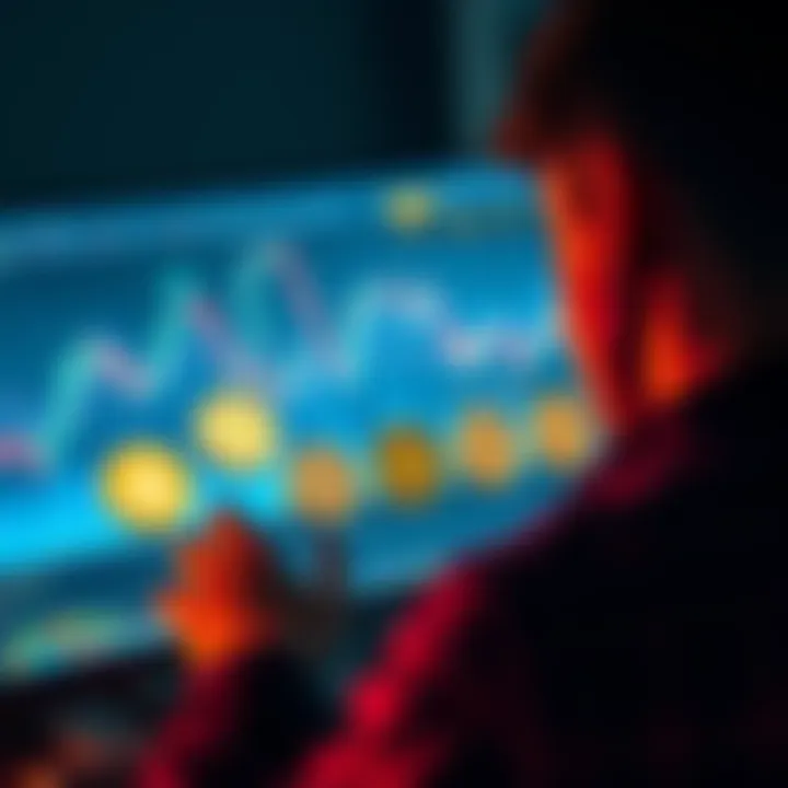 A person looking at a computer screen with cryptocurrency graphs and 5 Avax coins displayed, representing trading and staking options.