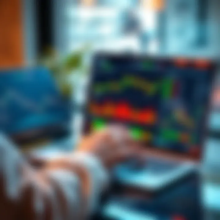 Person using a laptop to explore trading platforms with charts and finance apps displayed, symbolizing beginner investing.