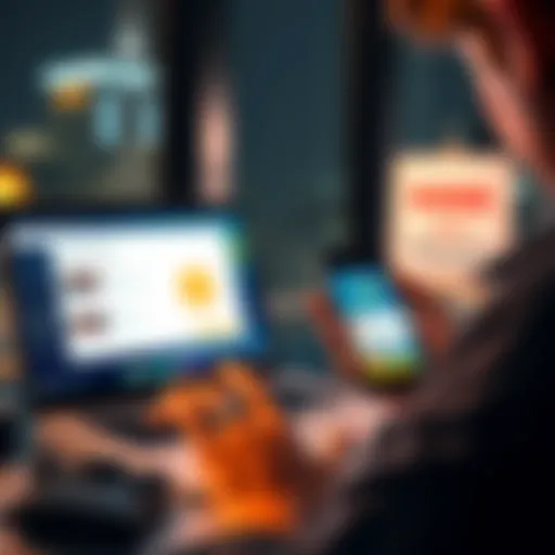 A person looking at a laptop with crypto payment options on the screen, holding a smartphone showing a wallet app, with a warning sign about seed phrases in the background.