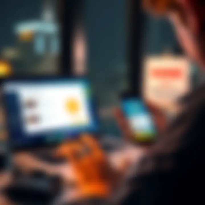 A person looking at a laptop with crypto payment options on the screen, holding a smartphone showing a wallet app, with a warning sign about seed phrases in the background.