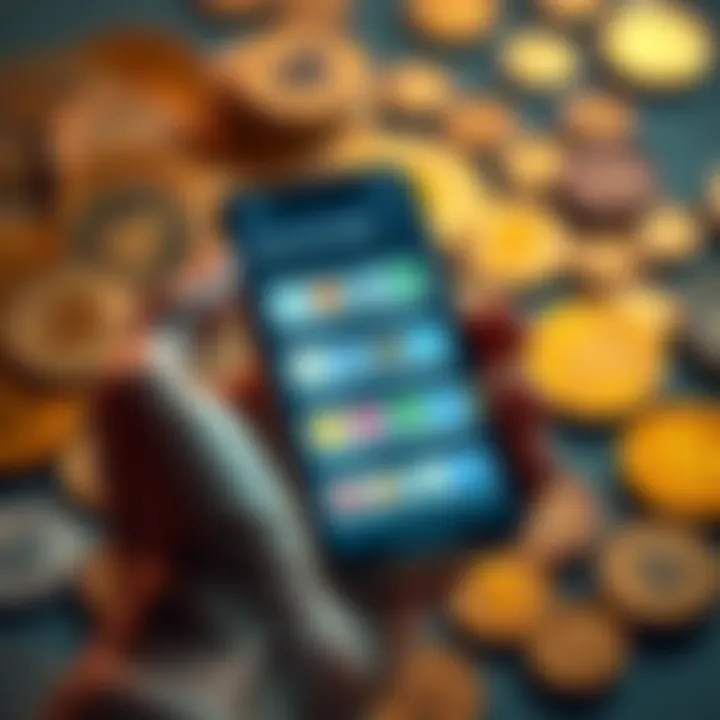 A person holding a smartphone displaying cryptocurrency wallet apps with coins in the background