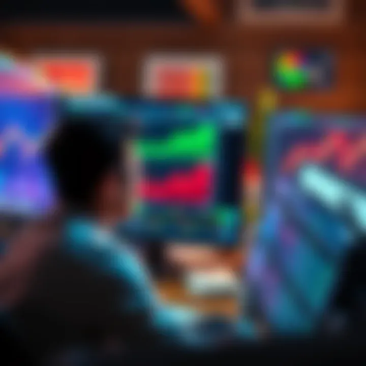 A new trader looks at charts and graphs on a computer, showing fluctuating prices and potential profits.