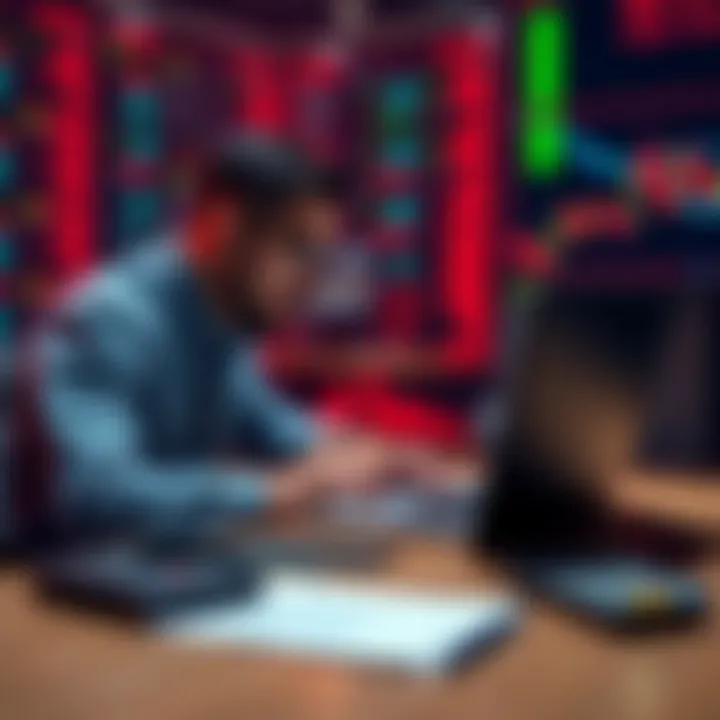 Beginner Trader Learning Crypto A beginner trader studying cryptocurrency charts and trends on a laptop, with notes and a calculator nearby.