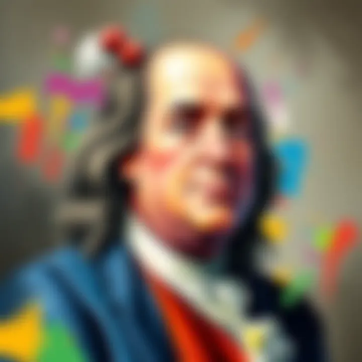 A colorful acrylic painting of Ben Franklin on canvas, showcasing his likeness with vibrant colors and dynamic brush strokes.