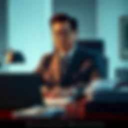 A confident leader in formal attire at a desk, making quick decisions with papers and a laptop around, symbolizing efficient governance.