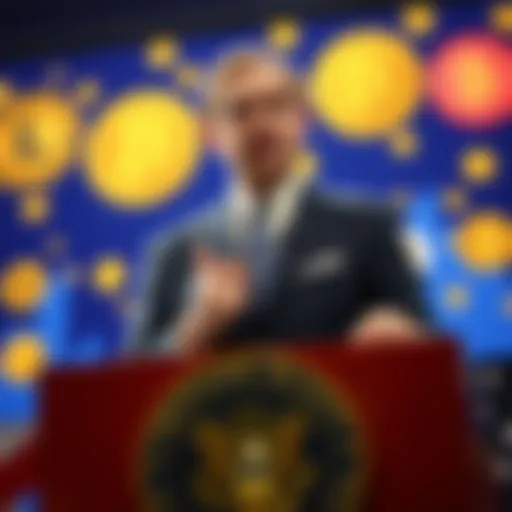 U.S. Treasury Secretary Bessent standing at a podium with cryptocurrency symbols behind him, encouraging people to invest in crypto.