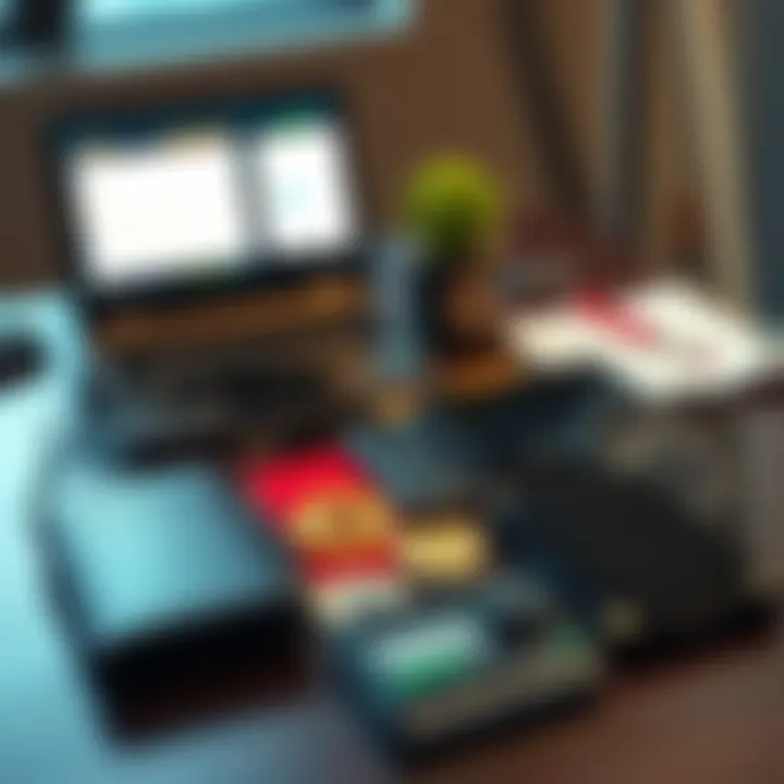 A collection of popular hardware crypto wallets displayed on a table with a laptop and notes in the background.