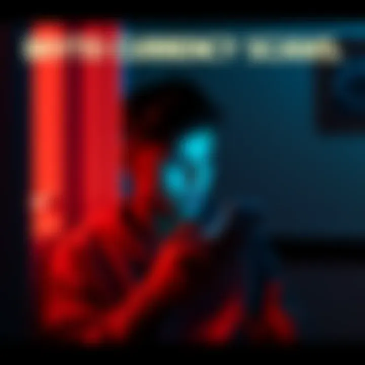 A person receiving a suspicious text message about a cryptocurrency account, looking concerned and checking their phone in a dimly lit room.