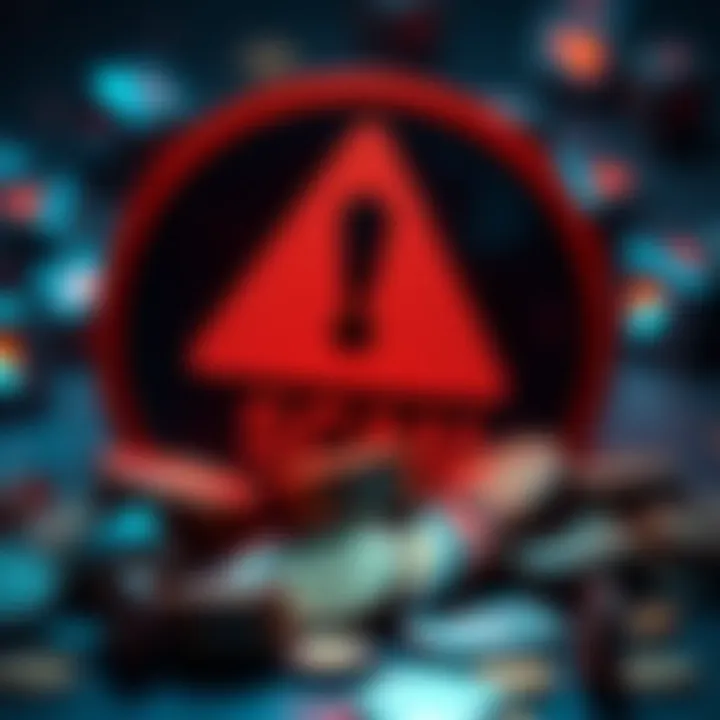 A warning sign about crypto scams with a caution symbol and broken coins