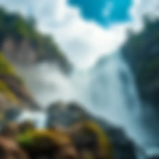 A waterfall in Bhutan, with power lines running from it to symbolize the mining of Bitcoin with hydroelectric energy.