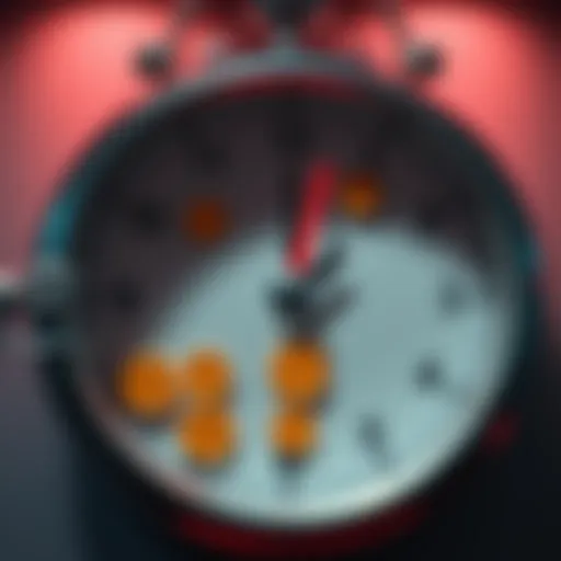 A graphic showing bidding tokens being placed on a timer, with various token icons around the clock to represent time limits in bidding systems.
