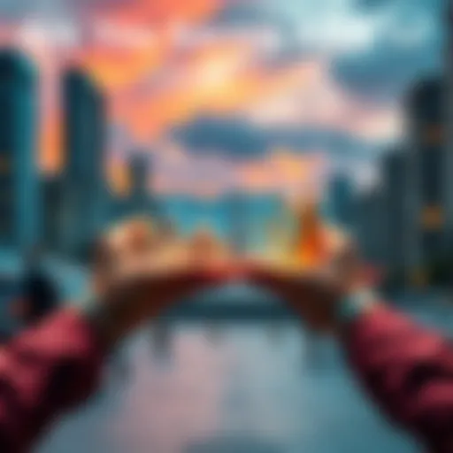 A person holding ABs looking at various landmarks for bidding