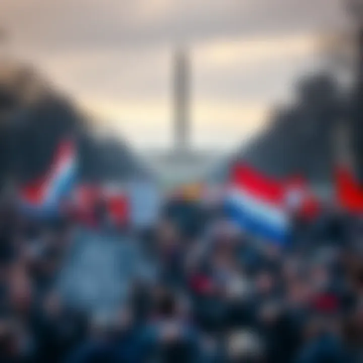 A large crowd gathers in Washington DC, holding banners and celebrating for a party planned on April 27, expressing their feelings towards current leadership in the crypto community.