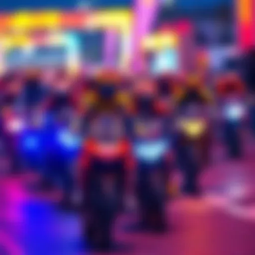 Riders in colorful gear racing on bikes at a lively event