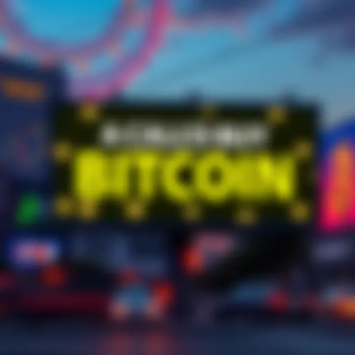 A bright and eye-catching billboard urging people to invest in Bitcoin, featuring bold text and cryptocurrency symbols