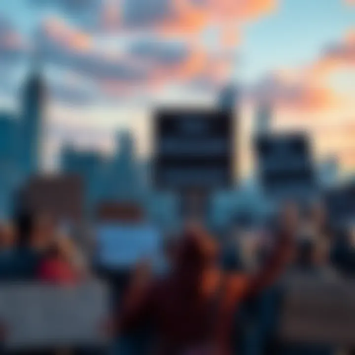 A group of people protesting with signs against billionaire influence in finance, with a city skyline in the background.