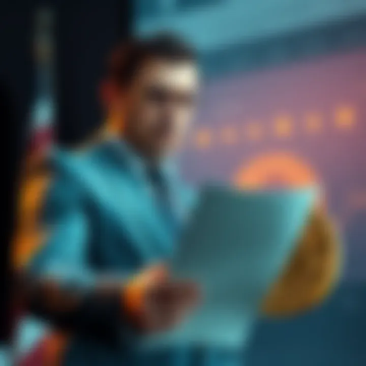 A billionaire investor stands with legal documents, looking concerned, beside a graphic of a cryptocurrency coin