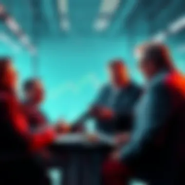 A group of wealthy individuals analyzing Bitcoin charts and market trends in a modern office setting
