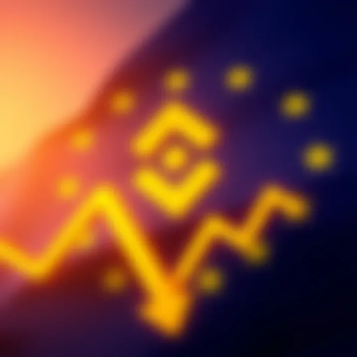 Binance License Approval Setback A representation of Binance logo with a backdrop of the European Union flag and a downward trend graph indicating loss of license approval