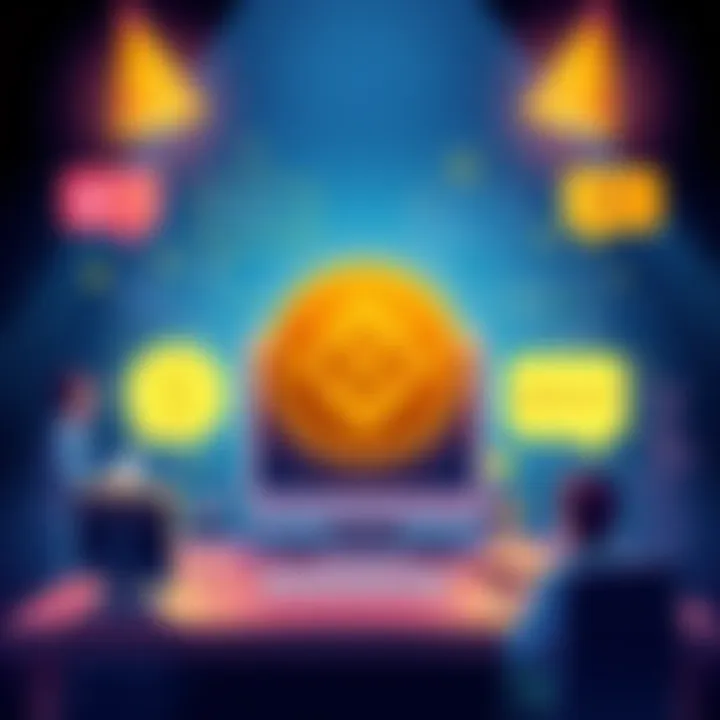 Illustration representing Binance customer support with visual elements like chat bubbles and problem-solving icons