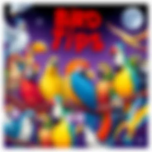 A colorful illustration showing tips and strategies for playing the Guess the Bird game, featuring various bird species in a fun style.