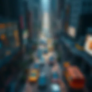 Aerial view showing a crowded city street with cars and pedestrians, highlighting the hustle and bustle of daily life.