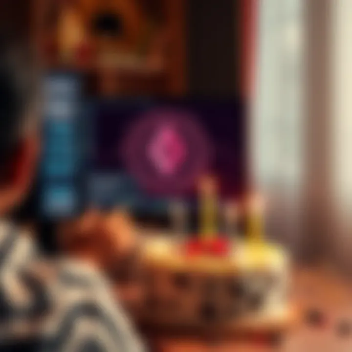 Birthday Celebration with Monero Block Person celebrating a birthday with a cake and a computer screen showing Monero mining success