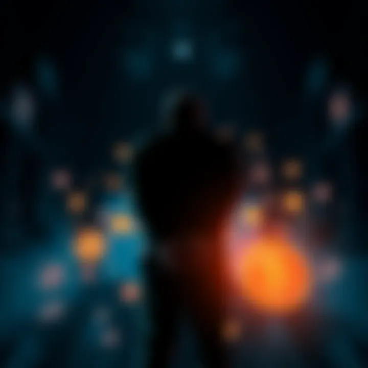 A darkened room with a silhouette of a man handcuffed, surrounded by crypto symbols, signaling uncertainty in the market