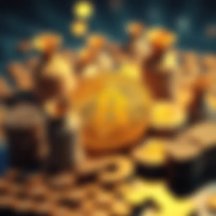 A visual showing Bitcoin surrounded by other cryptocurrencies, with wealth symbols like money bags, depicting the discussion on potential replacements.