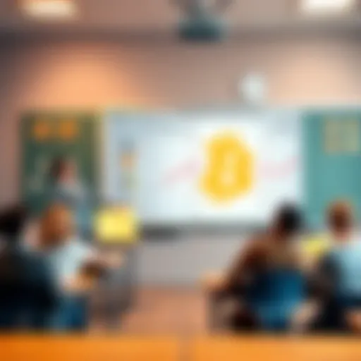 A visual representation of a classroom setting with a teacher using a comparison chart to explain Bitcoin to students, showing symbols like coins and charts to illustrate concepts.