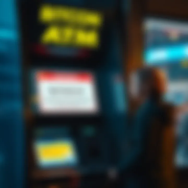 A Bitcoin ATM displaying a warning about high transaction fees, with a frustrated customer looking at the screen.