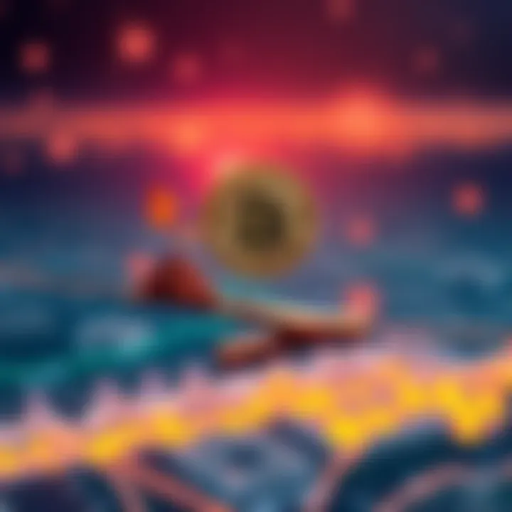 A graphic representation of Bitcoin balancing on a tightrope, surrounded by elements symbolizing risks like environmental issues and market volatility.