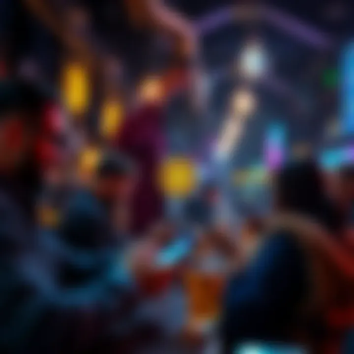 Bitcoin Bar with Customers A lively Bitcoin bar with people enjoying drinks and using mobile devices for cryptocurrency transactions