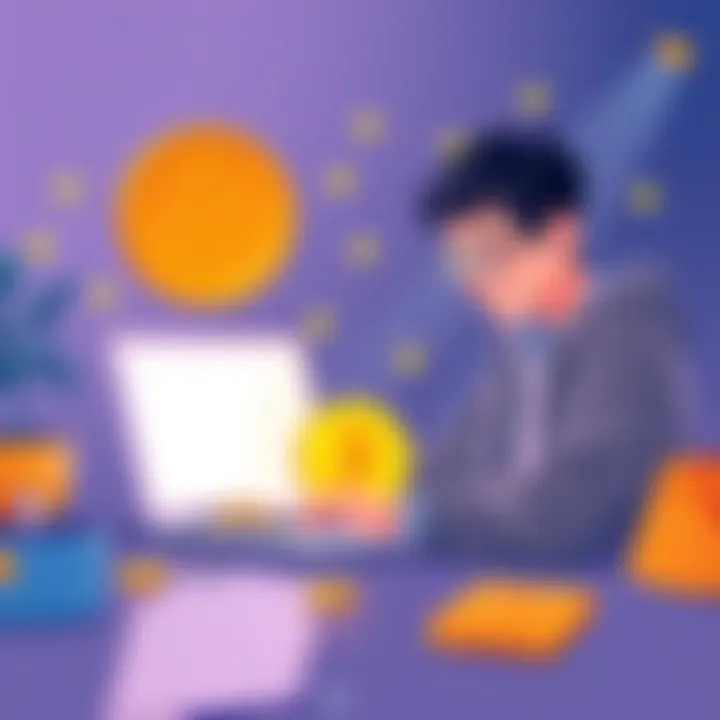 An illustration showing a beginner learning about Bitcoin with a laptop and a Bitcoin symbol.