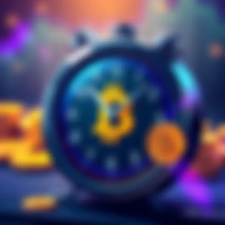 Illustration showing a clock with Bitcoin symbols, representing the change from 15-minute to 10-minute block intervals for transactions.