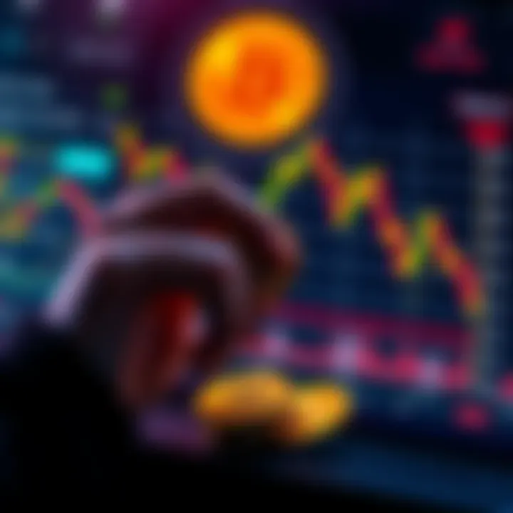 A person holding Bitcoin coins while looking at a chart showing a decline, representing the decision to cash out