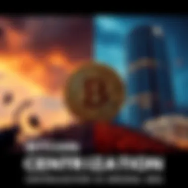A split image showing a Bitcoin symbol surrounded by small decentralized nodes on one side and a large corporate building on the other side, representing the clash between decentralization and central...