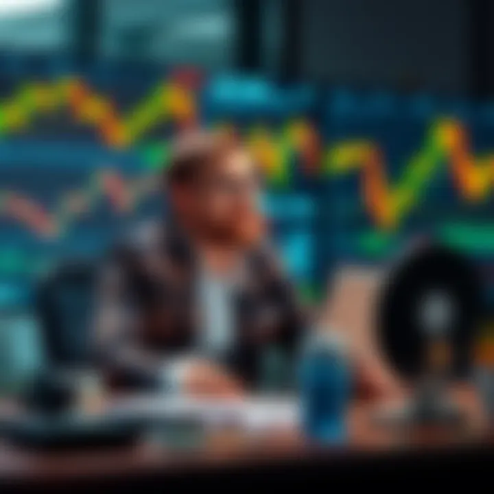 A Bitcoin CEO at a desk sharing insights with a digital screen in the background showing cryptocurrency graphs.